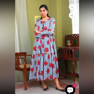 100% Cotton GENERATION Blue and Red Floral Long Sleeve Dress